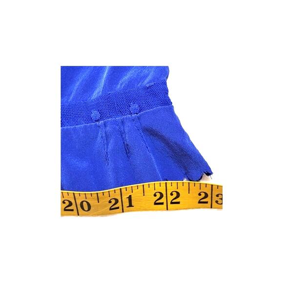 Womens Elevated Blue Silk Short Sleeve Top Blouse Sz L Lace Ruffles Detailing - Picture 5 of 11